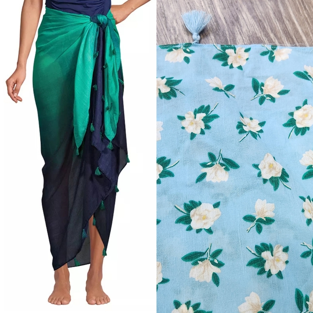 Lands End Tasseled Sarong Cover Up Scarf Floral Blue